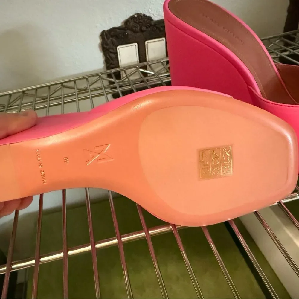 Women’s Amina Muaddi Lupita leather wedge mules Pink Wedge Sandals size 10
